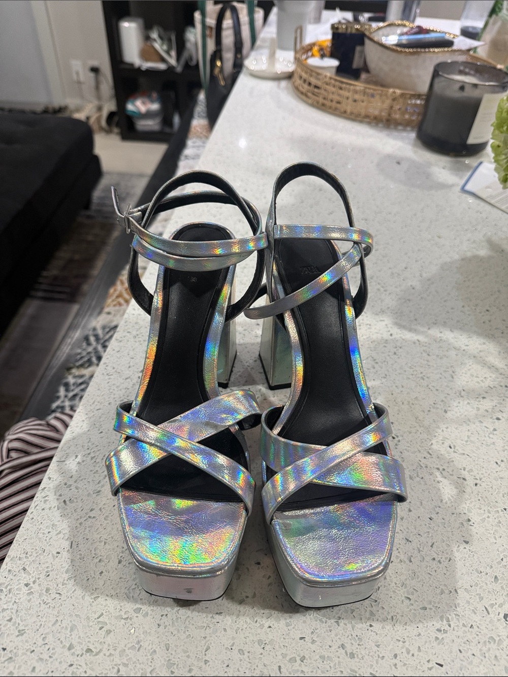 Zara Metallic Holographic Strappy Platform Heels